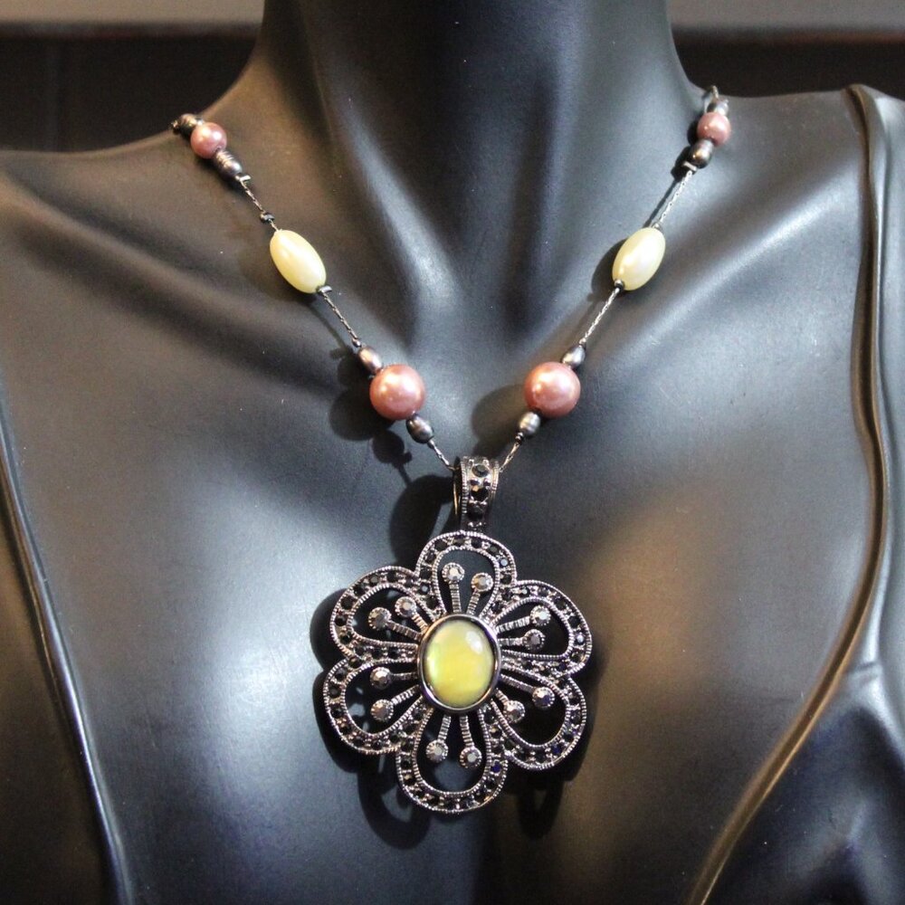 Lia Sophia Flower Faux and Freshwater Pearls Glass Pendent Necklace